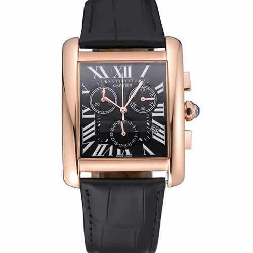 Cartier Tank MC Black Dial Gold Case Black Leather Bracelet  622694