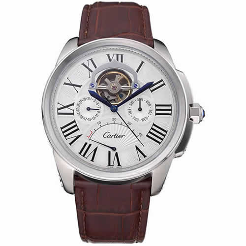 Cartier Calibre Tourbillon White Dial Stainless Steel Case Brown Leather Strap  622750