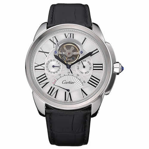 Cartier Calibre Tourbillon White Dial Stainless Steel Case Black Leather Strap  622751