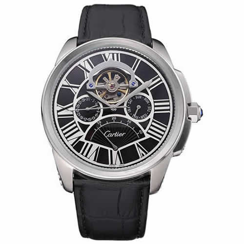 Cartier Calibre Tourbillon Black Dial Stainless Steel Case Black Leather Strap  622752