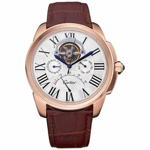 Cartier Calibre Tourbillon White Dial Gold Case Brown Leather Strap  622753