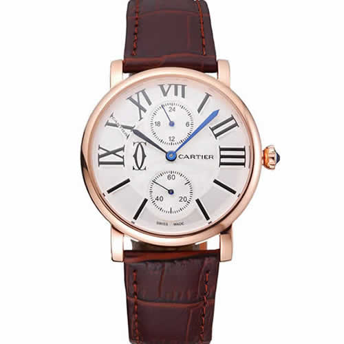 Cartier Ronde Second Time Zone White Dial Gold Case Brown Leather Strap  622801