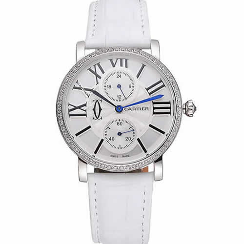 Cartier Ronde Second Time Zone White Dial Stainless Steel Case With Diamonds White Leather Strap  622803