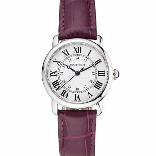 Cartier Ronde White Dial Stainless Steel Case Purple Leather Strap