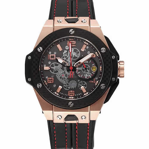 Hublot Big Bang Ferrari Silver Dial Carbon Bezel Gold Case Black Leather Strap  622769