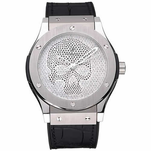 Hublot Classic Fusion Diamond Skull Dial Stainless Steel Case Black Leather Strap  622814