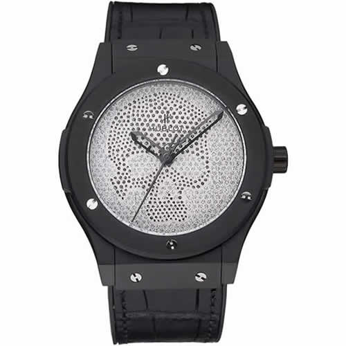 Hublot Classic Fusion Diamond Skull Dial Black Steel Case Black Leather Strap  622815