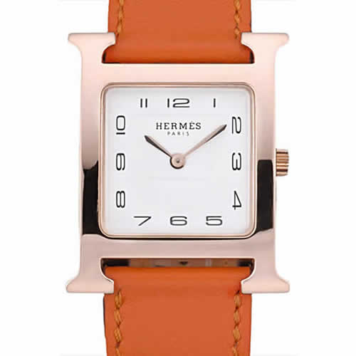 Hermes Heure H Rose Gold Bezel Orange Leather Strap White Dial 80234