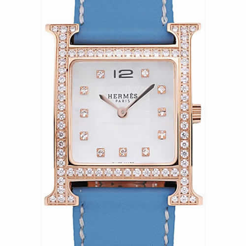 Hermes Heure H Rose Gold Diamond Encrusted Bezel Blue Leather Strap White Dial 80238