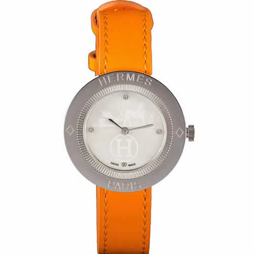 Hermes Classic MOP Dial Orange Leather Bracelet 801390