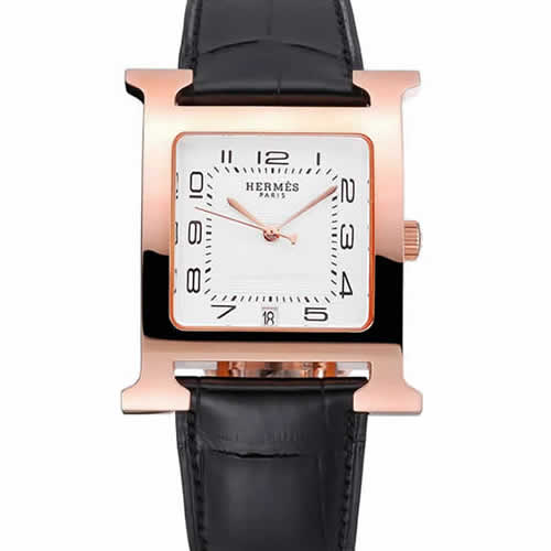 Hermes Heure H White Dial Gold Case Black Leather Strap