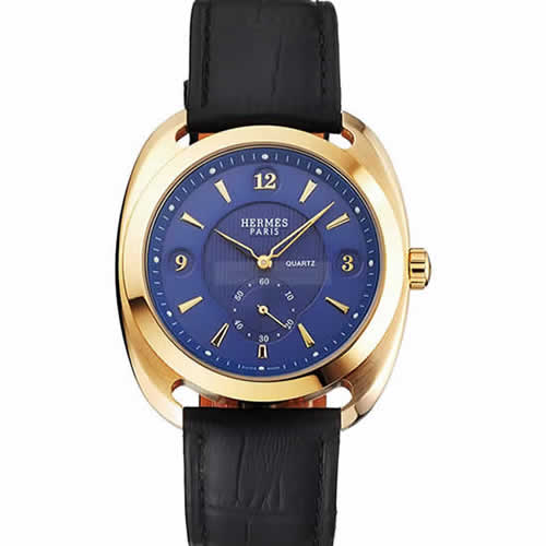 Hermes Dressage Blue Dial Gold Case Black Leather Strap