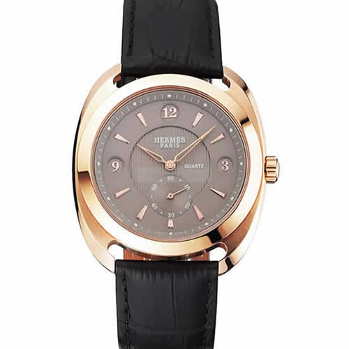 Hermes Dressage Light Brown Dial Rose Gold Case Black Leather Strap