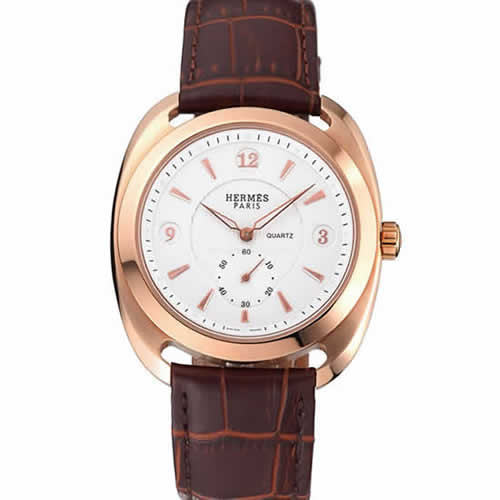 Hermes Dressage White Dial Rose Gold Case Brown Leather Strap