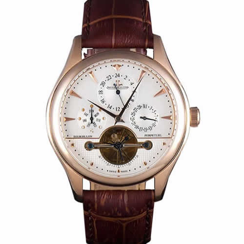 Jaeger Lecoultre Tourbillon  Perpetuel Gold Bezel Brown Leather Band  621618