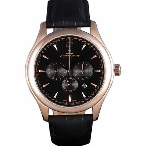 Jaeger Lecoultre Master Chronograph Gold Bezel Black Leather Band  621619