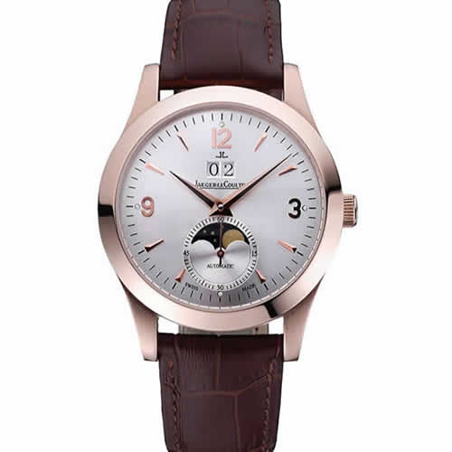 Jaeger LeCoultre Master White Dial Brown Leather Band Rose Gold Bezel  622080