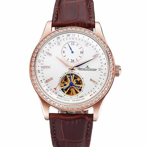 Jaeger-LeCoultre Master Tourbillon Dualtime White Dial Gold Case With Diamonds Brown Leather Strap  622782