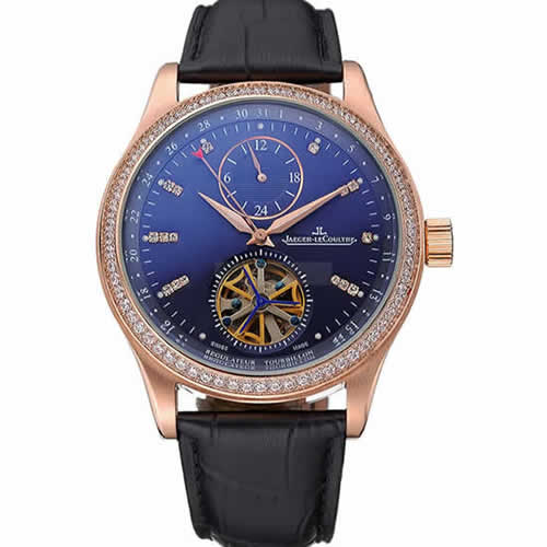 Jaeger-LeCoultre Master Tourbillon Dualtime Black Dial Gold Case With Diamonds Brown Leather Strap  622783