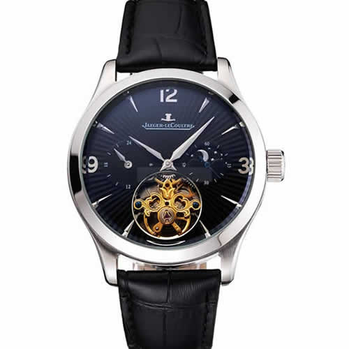 Jaeger LeCoultre Master Moonphase Tourbillon Black Dial Stainless Steel Case Black Leather Strap