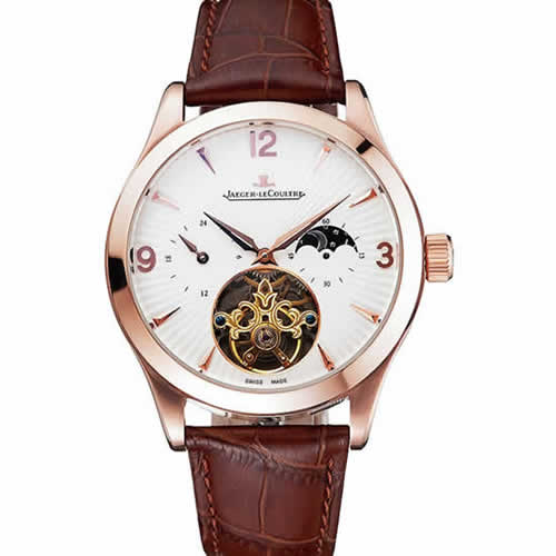 Jaeger LeCoultre Master Moonphase Tourbillon White Dial Rose Gold Case Brown Leather Strap