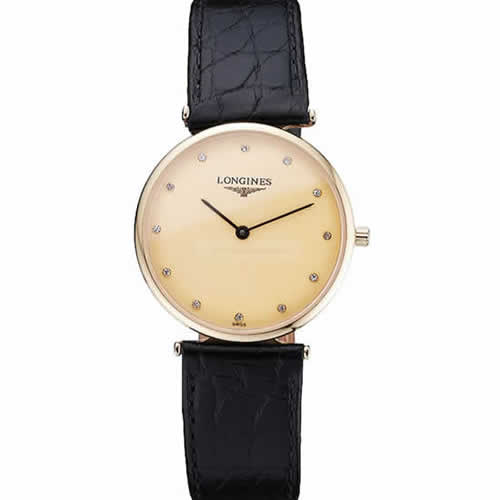 Longines La Grande Classique Champagne Dial Black Leather Band Diamond Markers Homme  622121