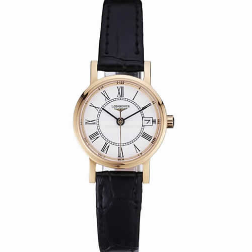 Longines La Grande Classique White Round Dial Gold Case Black Leather Band Small  622383