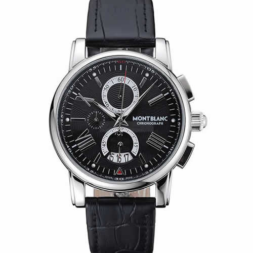 Montblanc Chronograph Black Dial Black Leather Bracelet Silver Case 1454111