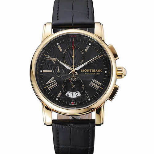 Montblanc Chronograph Black Dial Black Leather Bracelet Gold Case 1454112