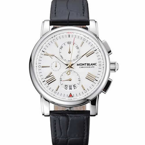 Montblanc Chronograph White Dial Black Leather Bracelet Silver Case 1454114