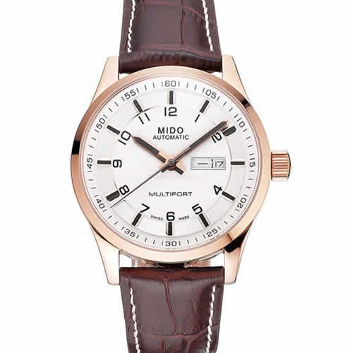 Mido Multifort Brown Croco Leather Strap White-Silver Dial 80300