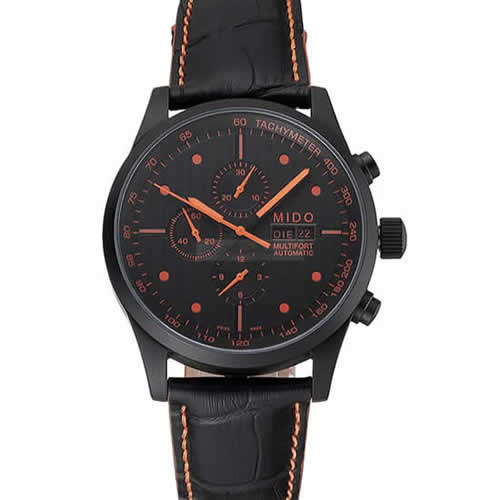 Mido Multifort Cronograph All Black & Orange Dial Black Leather Strap   622181