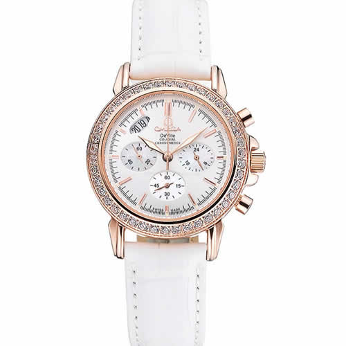 Omega Speedmaster Chronograph White Dial Gold Diamond Case White Leather Bracelet  622455