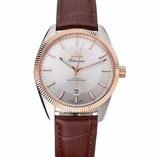 Omega Globemaster Silver Dial Rose Gold Bezel Stainless Steel Case Brown Leather Strap