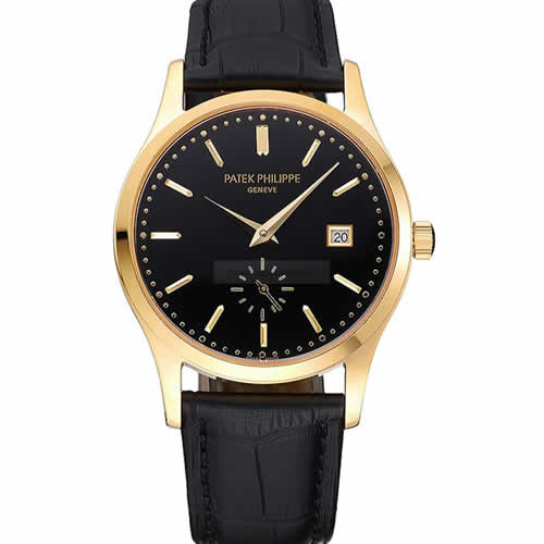 Patek Philippe Calatrava Black Dial Gold Case Black Leather Strap  622845