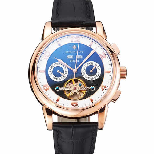 Patek Philippe Perpetual Calendar Tourbillon Black And White Dial Rose Gold Case Black Leather Strap