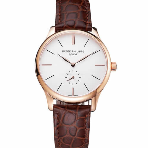 Patek Philippe Calatrava White Dial Rose Gold Case Brown Leather Strap