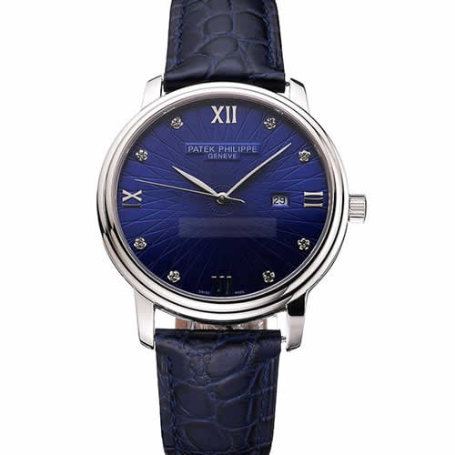 Patek Philippe Calatrava Date Blue Dial Stainless Steel Case Blue Leather Strap