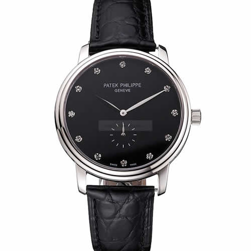 Patek Philippe Calatrava Black Dial Stainless Steel Case Black Leather Strap