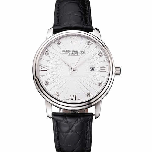 Patek Philippe Calatrava Date White Embossed Dial Stainless Steel Case Black Leather Strap