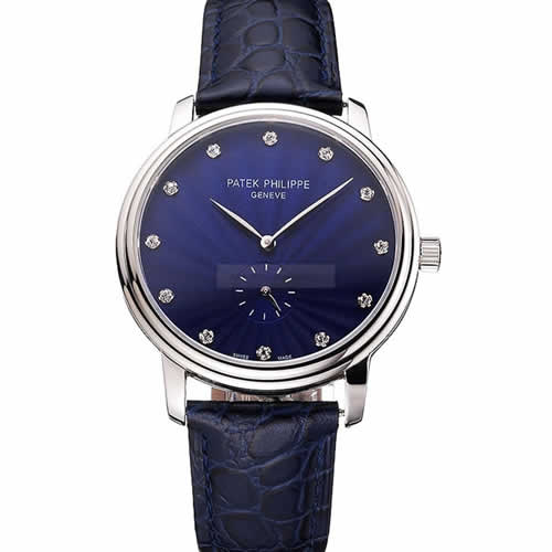 Patek Philippe Calatrava Blue Guilloche Dial Stainless Steel Case Blue Leather Strap