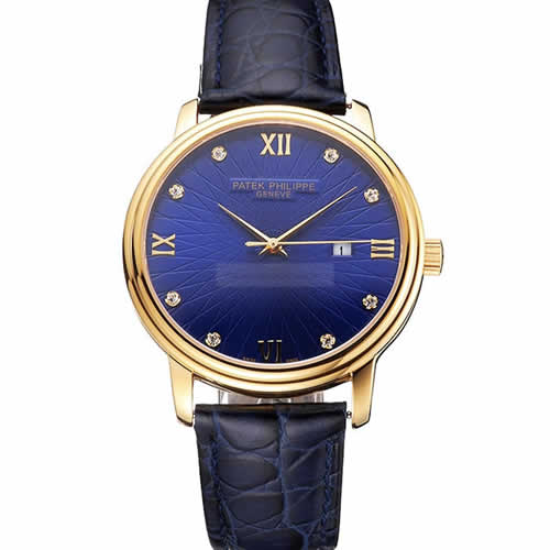 Patek Philippe Calatrava Date Blue Embossed Dial Gold Case Blue Leather Strap