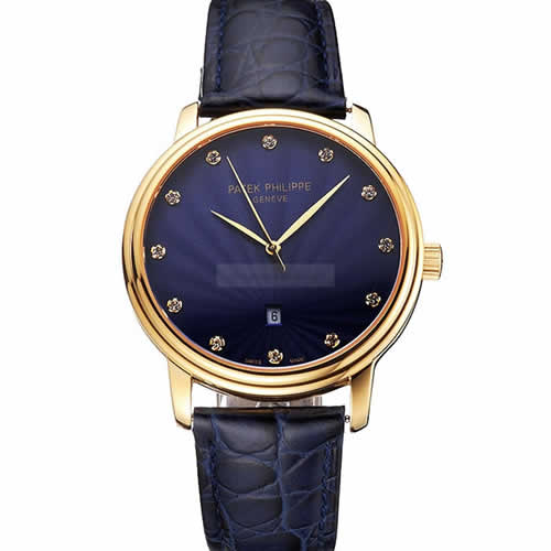 Patek Philippe Calatrava Date Blue Guilloche Dial Gold Case Blue Leather Strap