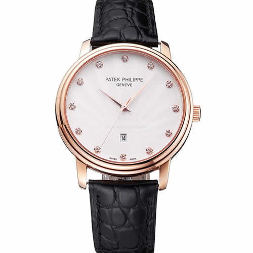 Patek Philippe Calatrava Date White Dial Rose Gold Case Black Leather Strap