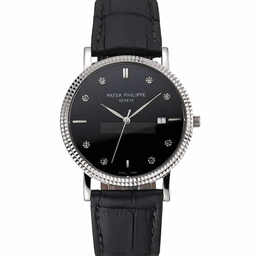 Patek Philippe Calatrava Black Dial Diamond Hour Marks Ribbed Bezel Stainless Steel Case Black Leather Strap