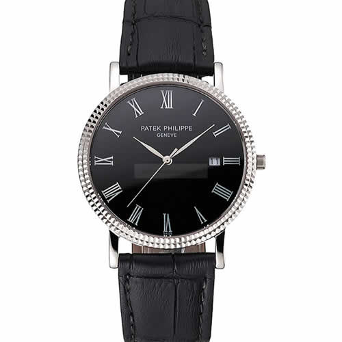 Patek Philippe Calatrava Black Dial Roman Numerals Ribbed Bezel Stainless Steel Case Black Leather Strap