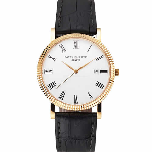 Patek Philippe Calatrava White Dial Roman Numerals Ribbed Bezel Gold Case Black Leather Strap