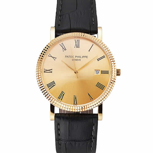 Patek Philippe Calatrava Gold Dial Roman Numerals Ribbed Bezel Gold Case Black Leather Strap