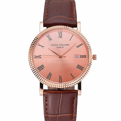 Patek Philippe Calatrava Rose Gold Dial Roman Numerals Ribbed Bezel Rose Gold Case Brown Leather Strap