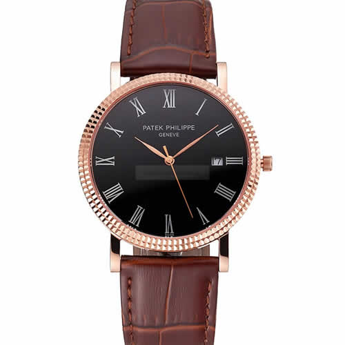 Patek Philippe Calatrava Black Dial Roman Numerals Ribbed Bezel Rose Gold Case Brown Leather Strap